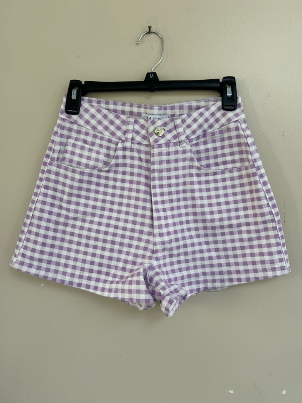 Denim&Co Lavender and White Gingham High-Waist Shorts